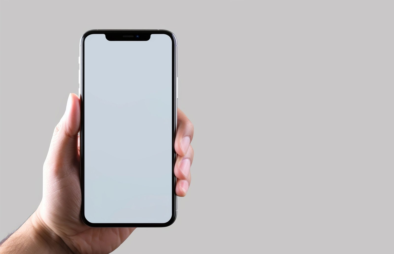 Castleblayney closeup hand holding blank screen smartphone grey background